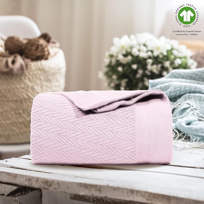 THREAD SPREAD Organic GOTS Cotton Blanket, Full/Queen - 350 GSM, Antistatic, Fuzzy Soft, Lightweight, Sofa, Camping & Travel, Perfect Herringbone All Seasons Throw, Blush + Stylish Bonus Tote Bag