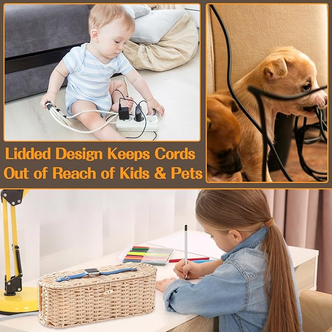 FairyHaus Cable Management Box 2Pack Cream, Handwoven Large and Small Cable Organizer Box Cover to Hide Cords and Power Strip, Imitation Wicker Cord Organizer Box Hider for Office Desk and Floor