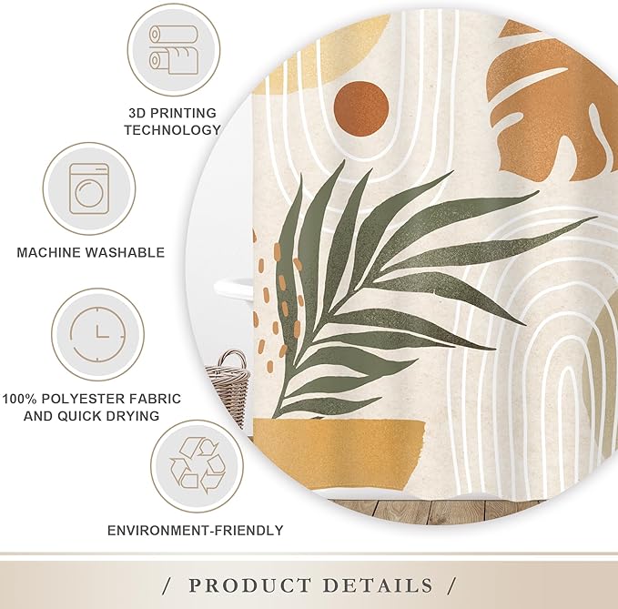 Glawry Beige Green Boho Shower Curtain Mid Century Abstract Plant Tropical Palm Leaf Modern Minimalist Bathroom Arch Geometric 72Wx72L Inches Bath Accessories Art Home Decor Fabric 12 Pack Hook