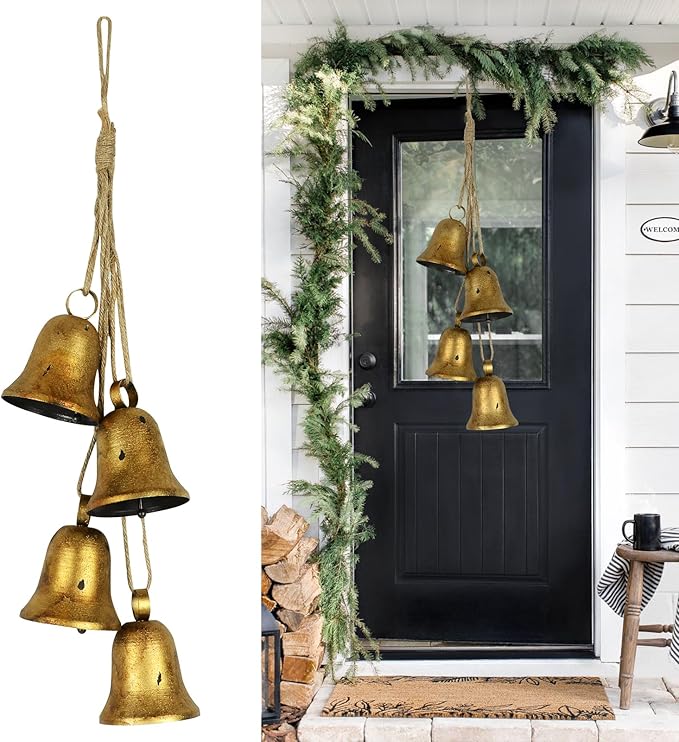 styleonme Decorative Bells, 4-Piece Set of Harmonious Bells, Vintage Handmade and Rustic Lucky Christmas Bells Hanging on a Rope, Gifts for Mom, Grandma, and Women