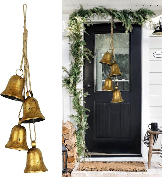 styleonme Decorative Bells, 4-Piece Set of Harmonious Bells, Vintage Handmade and Rustic Lucky Christmas Bells Hanging on a Rope, Gifts for Mom, Grandma, and Women