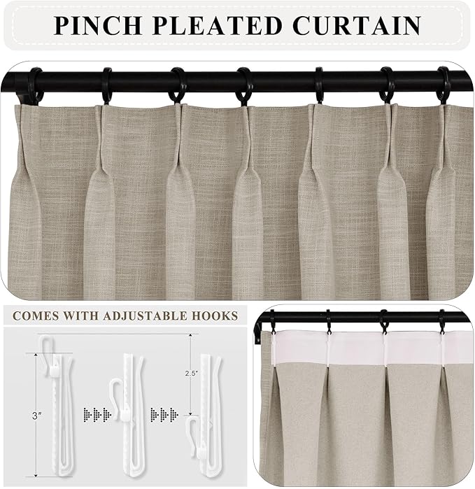 Macochico Blackout Curtains for Bedroom Thick Linen Texture Pleated Curtains with Hooks Thermal Drapes for Living Room Hall Dining Room Nursery Brown Drapery with Tieback 84" Wx102 L 1 Panel