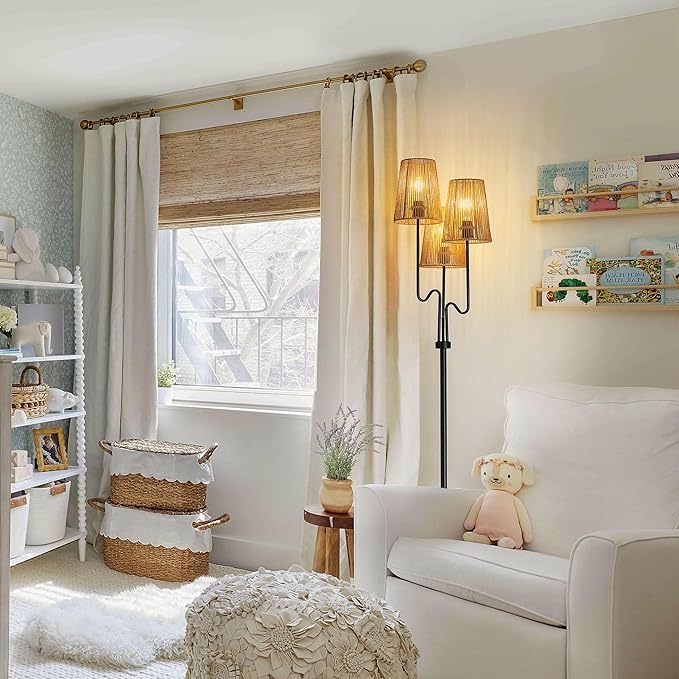 Boho Floor Lamp, 68in. Rattan Floor Lamps with Rattan Shade,3 Light Tree Standing Lamp for Bedroom,Nursery,E26 Socket, Living Room Floor Lamp for Rustic,Coastal, Beach or Bohemian Decor (Black)