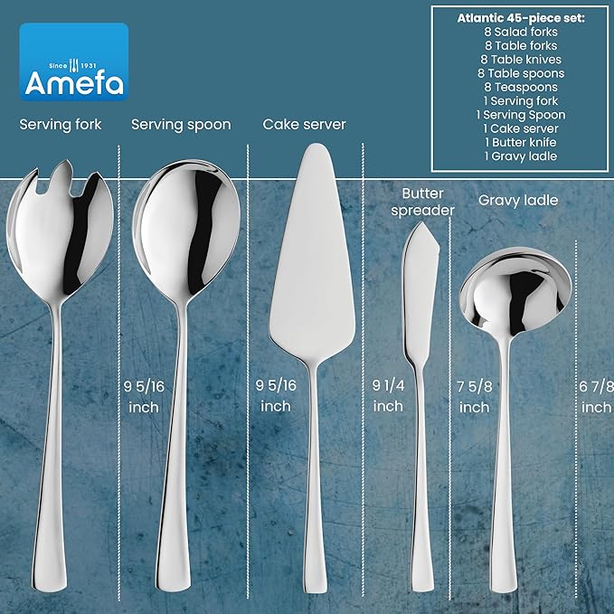Amefa 45-Piece Silverware Flatware Cutlery Set Service for 8, Durable 18/10 Stainless Steel High Gloss Mirror Finish, tableware in Ergonomic Design Size and Weight, Dishwasher Safe (Atlantic)