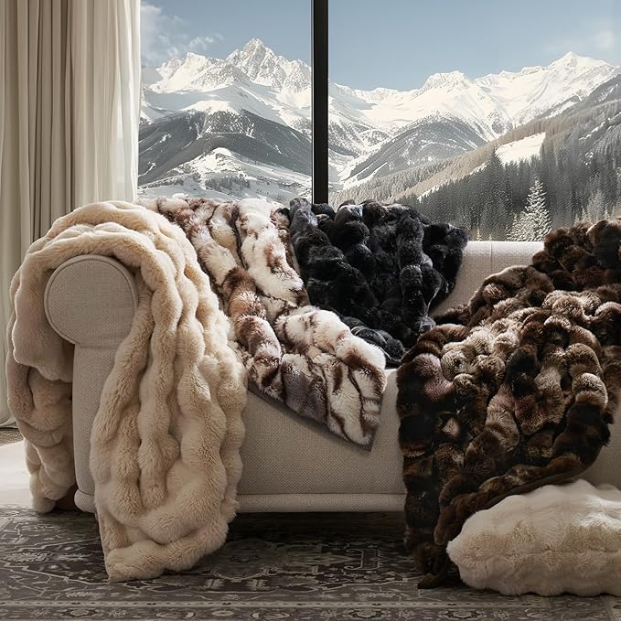 EverGrace Ultra Soft Luxury Fluffy Faux Rabbit Fur Throw Blanket, Thick Warm Bubble Throw for Bed, Cozy Plush Reversible Blankets for Couch, Chair, Sofa, Beige & Gray, 50x60 Inches