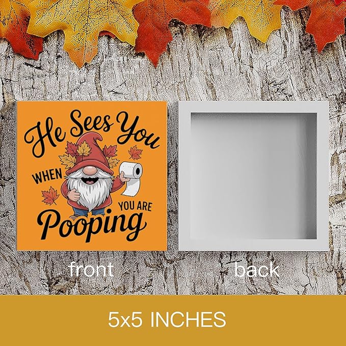 HTBIG Funny Fall Wooden Box Bathroom Sign Decor He Sees You When You Pooping Bathroom Wooden Box Decor It In The 5 x 5 Inch