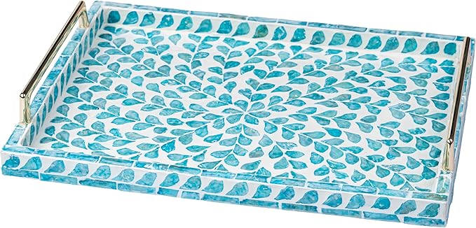 PEMAR Capiz Shell Decorative Tray with Gold Handles – 15.7"x11.8" Rectangular Display & Serving Tray for Vanity, Dresser, Bathroom (Teal Floral)