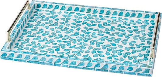 PEMAR Capiz Shell Decorative Tray with Gold Handles – 15.7"x11.8" Rectangular Display & Serving Tray for Vanity, Dresser, Bathroom (Teal Floral)