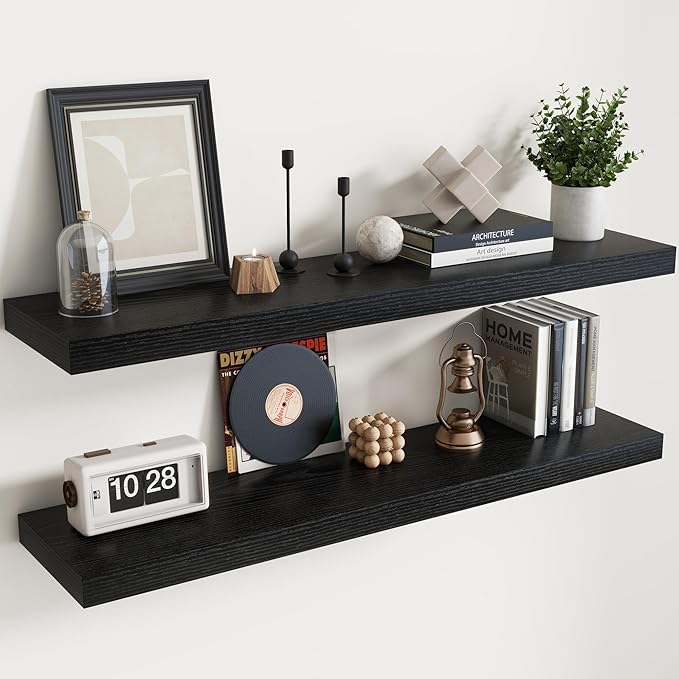 Floating Shelves for Wall with Invisible Brackets, Wall Mounted Engineered Wood Shelves with Wood Grain for Living Room, Bedroom, Bathroom, Kitchen Decor and Storage, Oak, 48"L Set of 2, Black