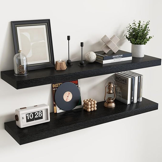 Floating Shelves for Wall with Invisible Brackets, Wall Mounted Engineered Wood Shelves with Wood Grain for Living Room, Bedroom, Bathroom, Kitchen Decor and Storage, Oak, 48"L Set of 2, Black