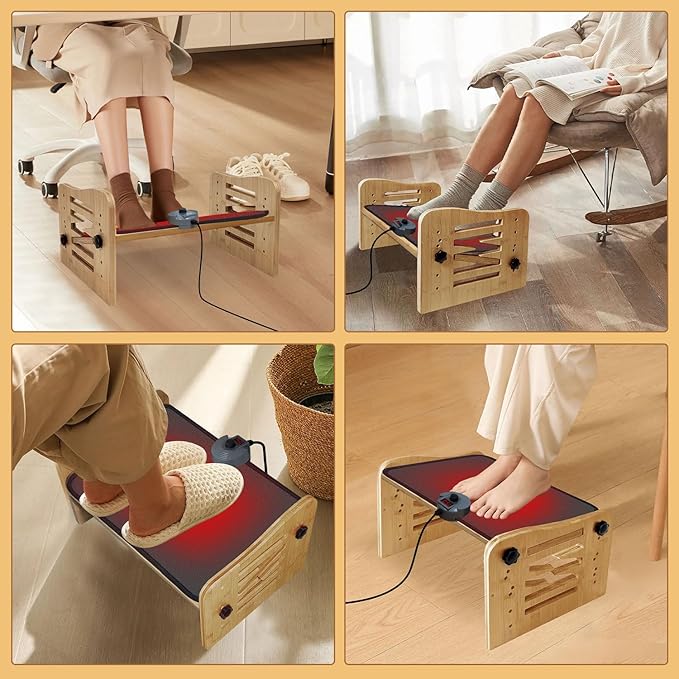 Myplace Bamboo Adjustable Under Desk Footrest with Heating Pad - Warm Ergonomic Foot Rest with 7-Level Adjust, Slanted Foot Rest Stool for Home Office Kitchen Bedroom (Burlywood)