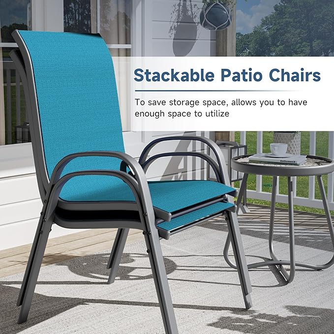 Amopatio Patio Chairs Set of 2, Outdoor Stackable Dining Chairs for All Weather, Breathable Garden Outdoor Furniture for Backyard Deck, Light Blue