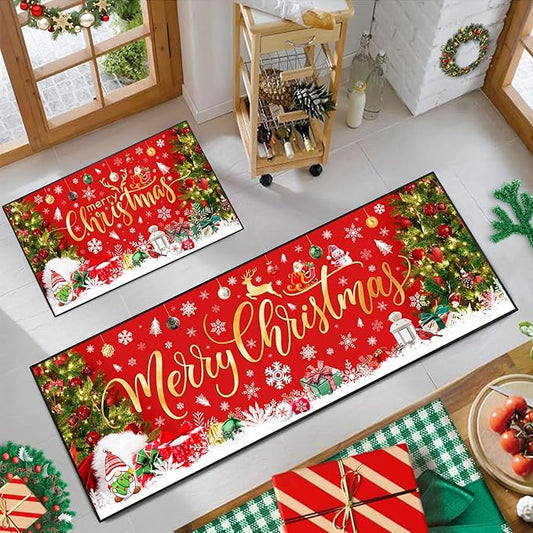 ACZHHZC Merry Christmas Kitchen Rugs and Mats Set of 2, Winter Snowflake Xmas Tree Holiday Home Kitchen Decor Floor Mats, Washable Non-Slip Sink Carpet (Christma 2, 17"x47"+17"x30")