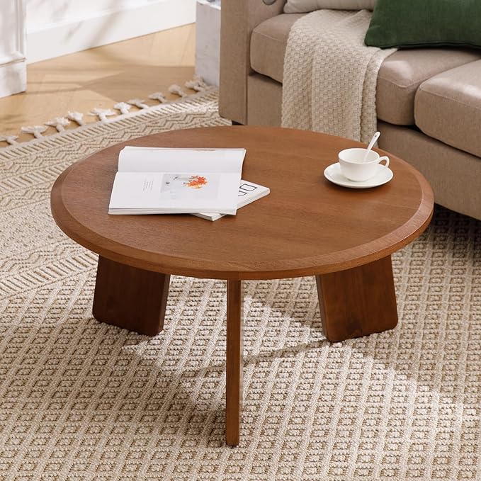 Mid Century Modern Coffee Table Wood Living Room Table Cute Round Coffee Table Center Table Side Table for Living Room Office Reception Room, Walnut