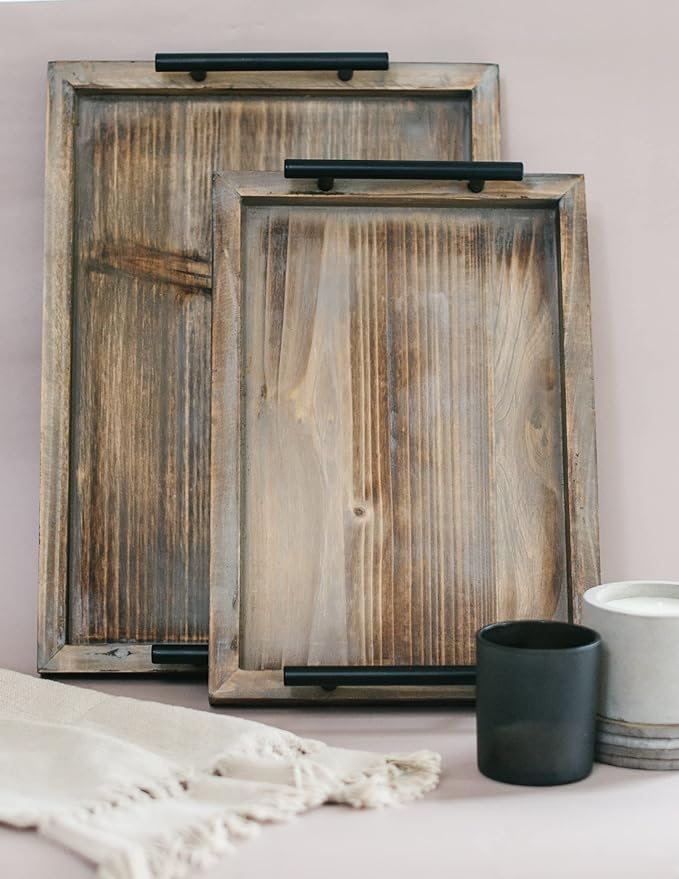 Decorative Ottoman Serving Tray Wooden Rustic (Set of 2) | Black Sleek Metal Handles | 4 Matching Coasters | Coffee Table Decor | Serving Kitchen Platter (Rustic Brown)