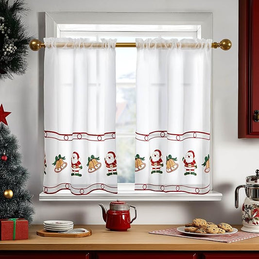 Deconovo Christmas Kitchen Tier Curtains, Embroidered Cafe Tiers, Semi Sheer Window Treatment with Rod Pocket, Light Filtering for Small Windows, Door & Sink Areas, 28W x 30L, Santa Claus, 2 Panels