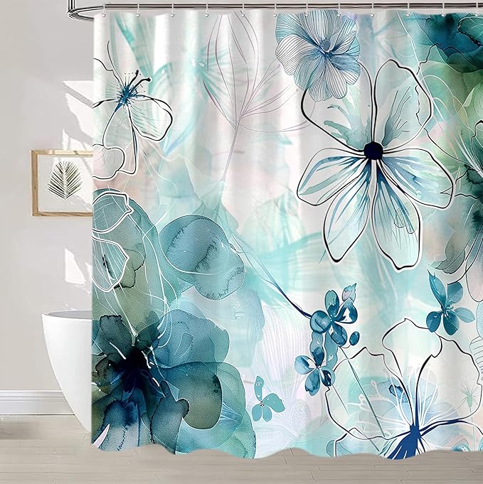 Sanzugh Teal Floral Shower Curtain, Boho Emerald Sage Hunter Olive Green Blue Abstract Flowers Art Cute Fabric Shower Curtains Set for Bathroom Decorative with Hooks 72 X 78 inch Spring Bath Decor