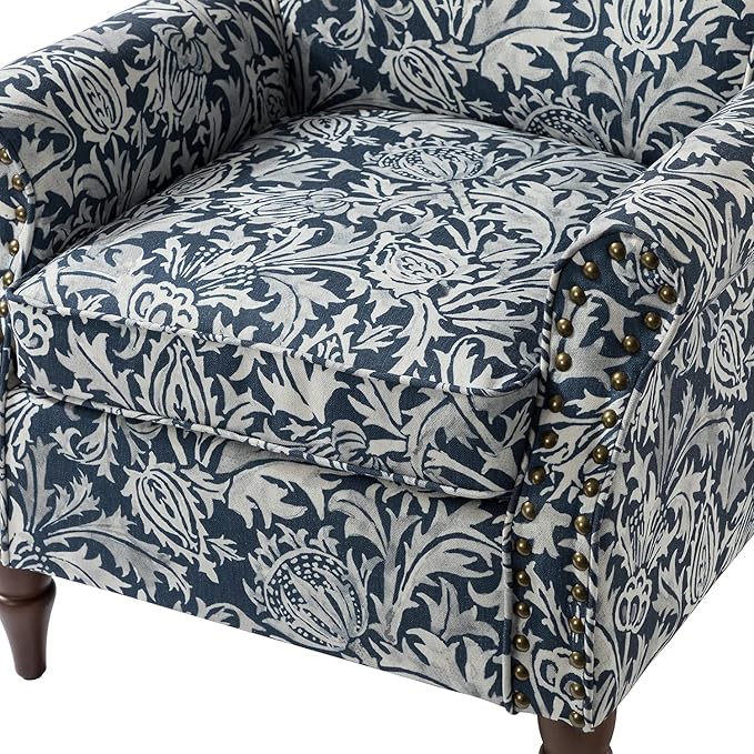 HULALA HOME Modern Wingback Accent Chair with Wood Legs & Removable Cushion, Comfy Upholstered Armchair with Nailhead Trim, Floral Pattern Single Sofa Chair for Living Room Bedroom, Navy
