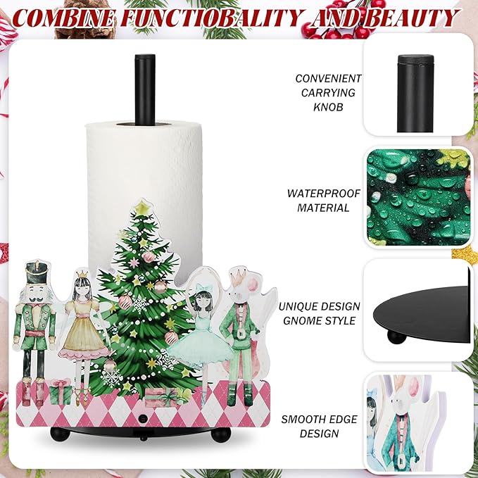 Yookeer Christmas Paper Towel Holder Nutcracker Floral Holly Buffalo Plaid Christmas Tree Towels Paper Holder for Kitchen Countertop Bathroom Home Farmhouse Winter Replaceable Xmas Tree Decor Indoor