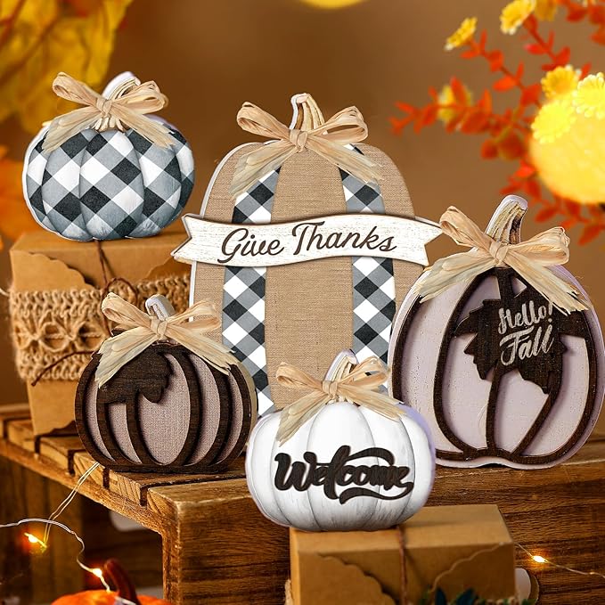 5 Pcs Fall Pumpkin Decor for Home Thanksgiving Plaid Wooden Table Centerpiece Decorations Fall Wooden Pumpkin Signs for Autumn Farmhouse Home Living Room Kitchen Mantle Tabletop Supplies