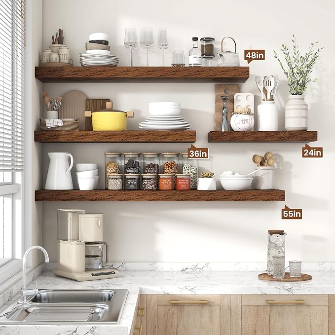 Heimlove 55 Inch Floating Shelves for Wall,10 Deep Large Rustic Brown Wall Shelf with Heavy Duty Brackets,Mounted Storage & Display Shelves for Bedroom,Living Room,Kitchen,Office,Set of 2