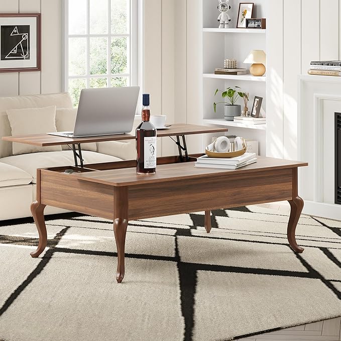 Lift Top Coffee Table, Farmhouse Coffee Table with Hidden Storage, Wood Center Table Dining Table for Living Room, Apartment, Home Office (Walnut)