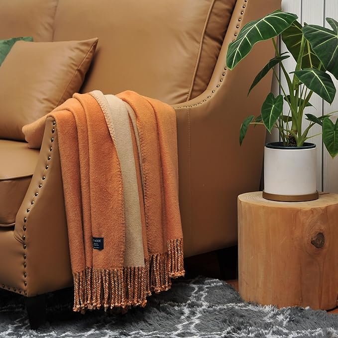 EP Mode Reversible Fringed Mulberry Silk Throw Blanket for Sofa (Caramel/Beige)