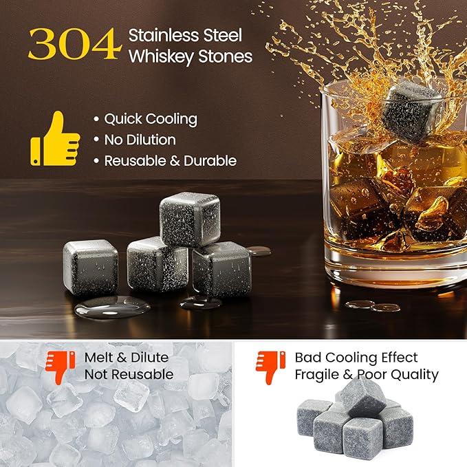 Kollea Fathers Day Whiskey Stones, 8 Packs Stainless Steel Whiskey Chilling Rocks, Reusable Ice Cube for Drinking, Cool Birthday Gift for Men Dad, Boyfriend, Beer Lover, Bourbon, Scotch, Gin, Beverage