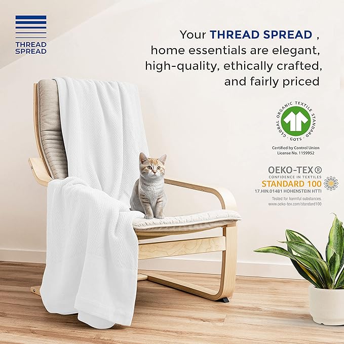 THREAD SPREAD 100% Pure Cotton, Luxury King/California King Size White Blanket - Herringbone Pattern, Soft & Cozy Premium Fall Throw Blanket for All Seasons, 350 GSM & 106 x 92 with Free Tote Bag