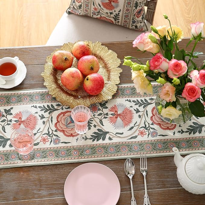 ISAENNE Designer Vintage Linen Table Runner 71 Inches Long,Elegant Floral Pattern Wrinkle Resistant Table Runners for Dining Tables,Thanksgiving,Kitchen Tables,Christmas,12"*71"-Daffy B