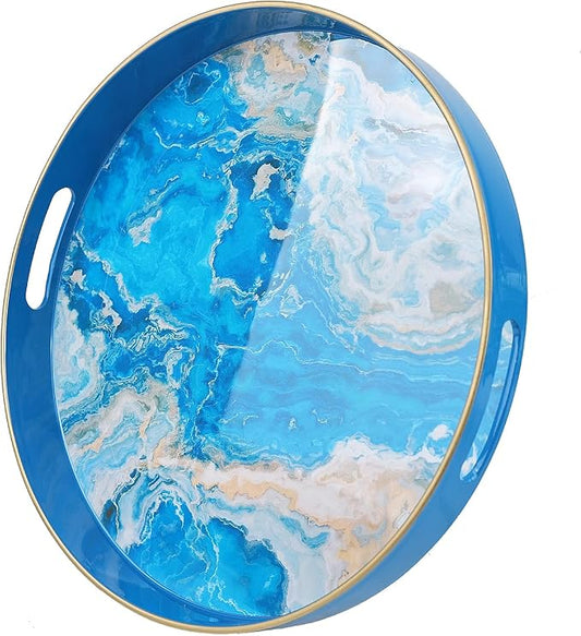 Spsyrine Round Marble Decorative Tray, 13" Plastic Serving Tray with Handles for Breakfast, Ottoman, Coffee Table, Bathroom, Kitchen, Living Room