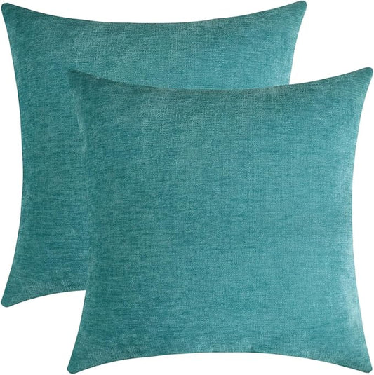 Aqua Green Chenille Decorative Couch Throw Pillow Covers, Soft Cushion Cases for Home Livingroom Sofa Décor, Pack of 2, 14 x 14 Inches