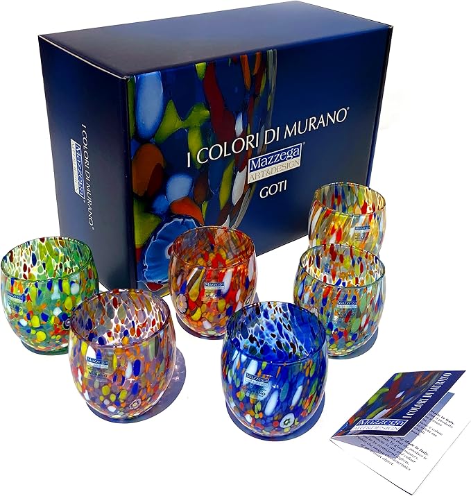 MAZZEGA ART & DESIGN - Set of 6 Handcrafted Blown Glass Water Glasses with Refined and Original Murano Murrine - The Colors of Murano - 'Classic 9,8 oz' Model. Made in Italy (6, Color Mix Gift Pack)