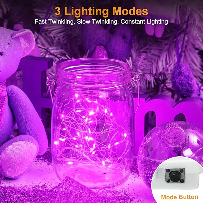 btfarm 30 Pack Fairy Lights Battery Operated [3 Modes], 7ft 20 Led Twinkle Lights String Lights Waterproof Bulk Small Mini Silver Wire for Halloween Mason Jars Vases Wedding Table Centerpiece, Purple