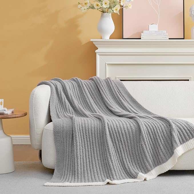 Snuggle Sac Ribbed King Size Blanket for Bed, Cozy Soft Fuzzy Microfiber Knit Stripe Bedding Blankets, Grey, 108x90 inches