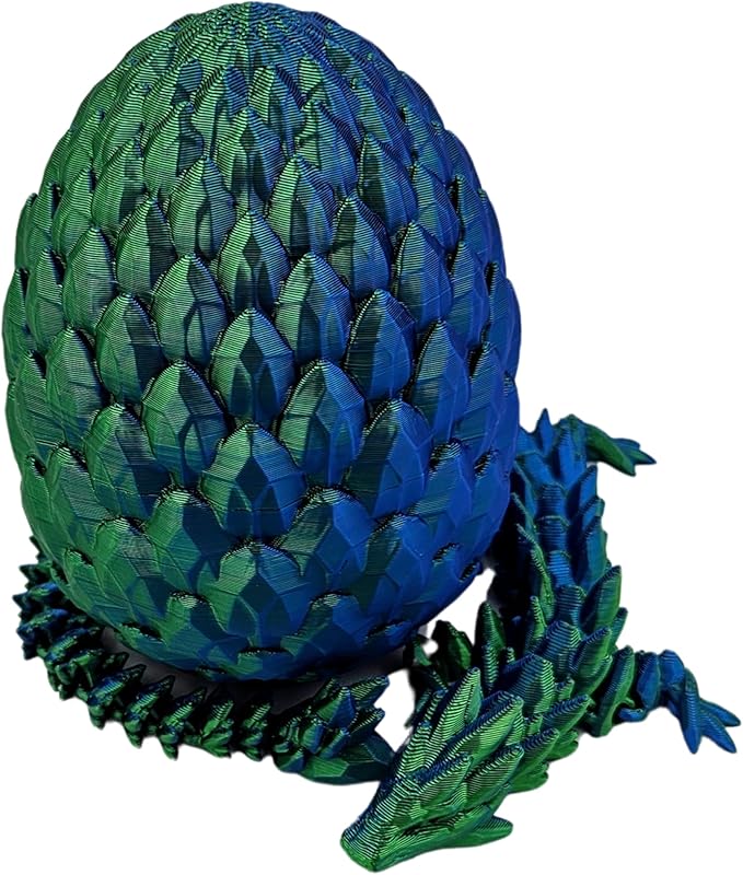 3D Printed Dragon Egg Articulating Gemstone Dragon Fidget Figurine - Vibrant Color Dragons Flexible ADHD, Autism and Anxiety Relief - Articulated Joints (Blue Green Silk)
