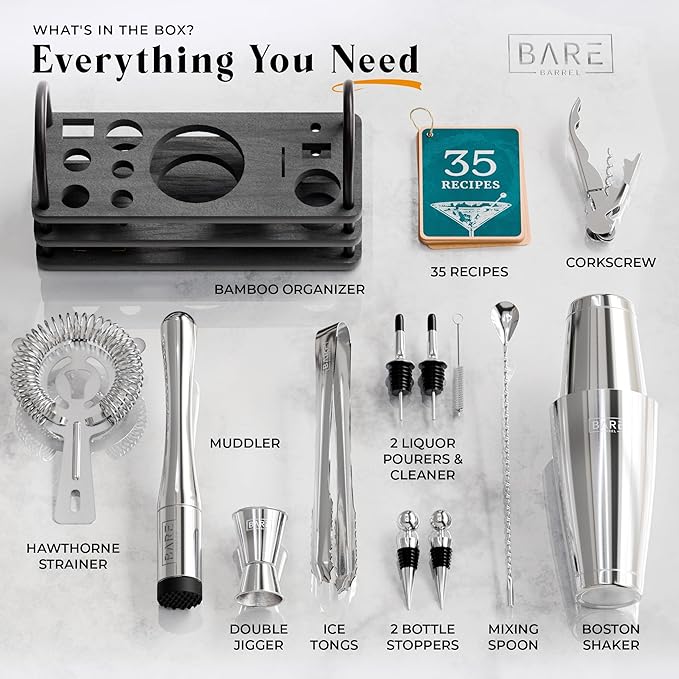 BARE BARREL® Mixology Bartender Kit Bar Set | 14-Piece Cocktail Shaker Set | Martini Barware Mixing Tools for Home Bartending | 35 Recipe Cards | Gift Set (28oz Boston Shaker, Silver/Black)