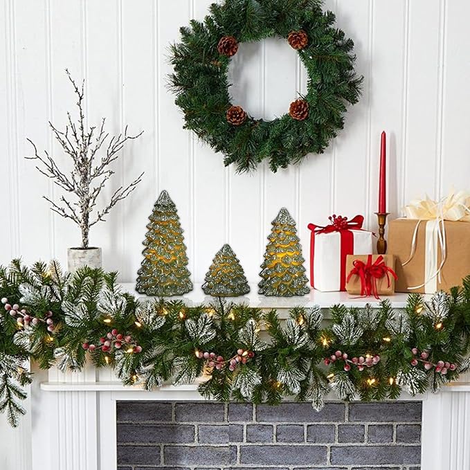Green Christmas Tree Figurines Hand-Painted Tabletop Tree Flameless Candles Real Wax Flickering LED Battery Operated with Remote Lighted Christmas Tree Decoration for Shelf Fireplace Mantel Holiday