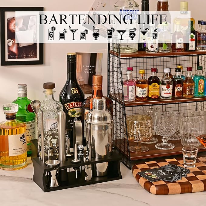 Bartender Kit Cocktail Shaker Set with Stand 17-Piece Bar Tool Bar Set for Drink Mixing Home Bartending Kit Bar Cart Accessories: Martini Shaker, Mixer Spoon, Jigger, Muddler, Strainer & Recipes Gifts