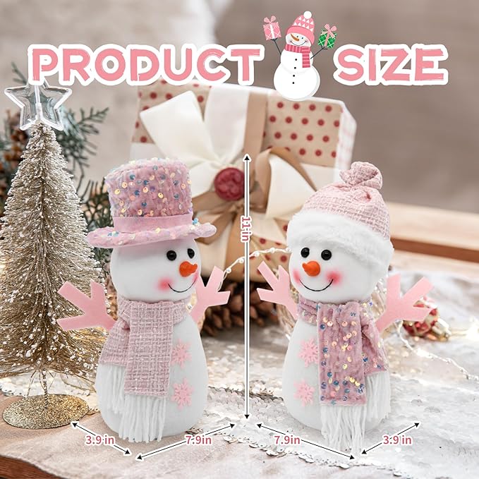 Pink Christmas Snowman Decor Indoor, 2Pcs Pastel Snowman Plush Room Decor, Winter Christmas Ideas Winter Table Centerpiece Shelf Tiered Tray Mantel Display