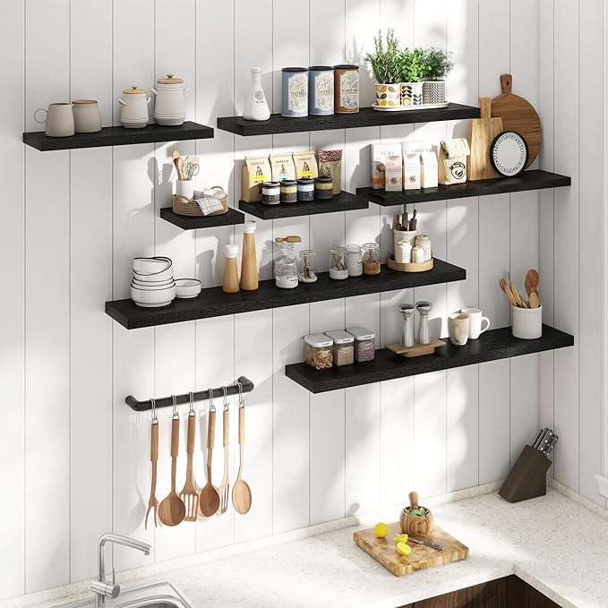 55 Inch Floating Shelves for Wall Set of 2, 8"D Wood Grain Bathroom Shelves with Invisible Brackets, Easy Install Engineered Wood Storage Shelves for Kitchen, Living Room, Bedroom, Black Finish