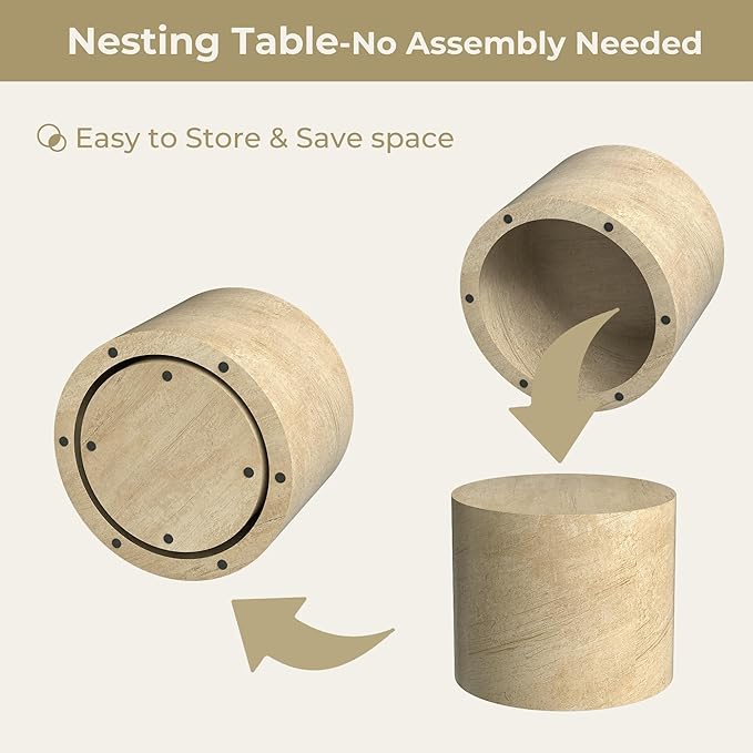 Nesting Coffee Table Set of 2, Round Beige Nesting Table Modern Circle Coffee Tables Side End Tables for Small Spaces Living Room, Bedroom, Balcony, Office