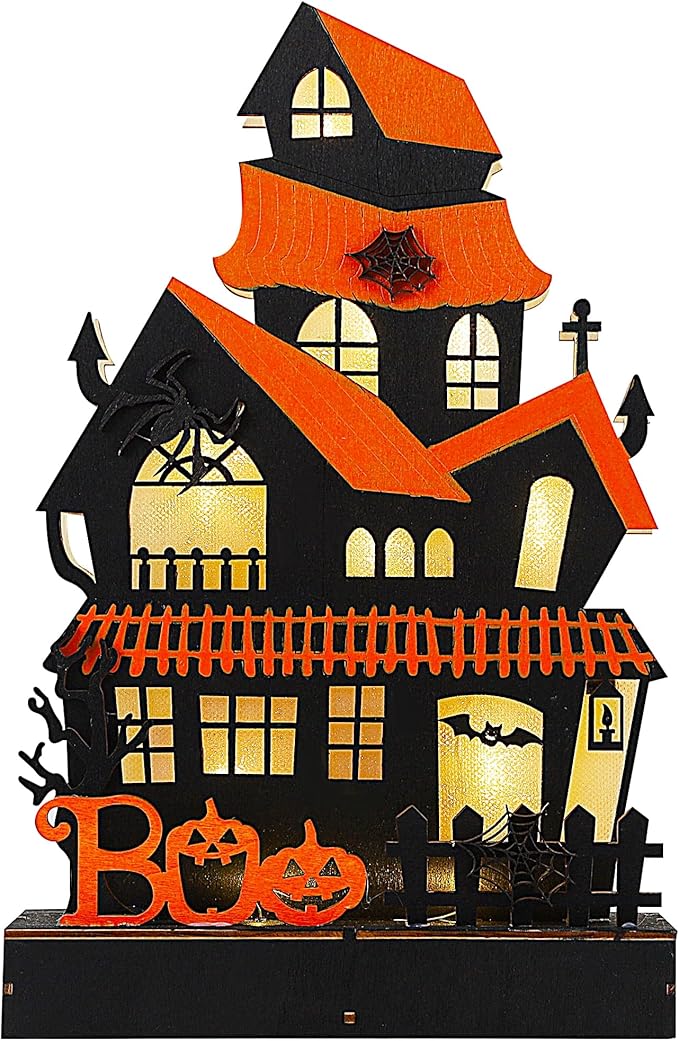 Lulu Home Halloween Tabletop Decoration, Wooden Lighted Boo Haunted House Decoration, Battery Operated Halloween Sign Indoor Fireplace Desk Kitchen Table Ornament, 10.6 x 6.7 x 1.9 INCH