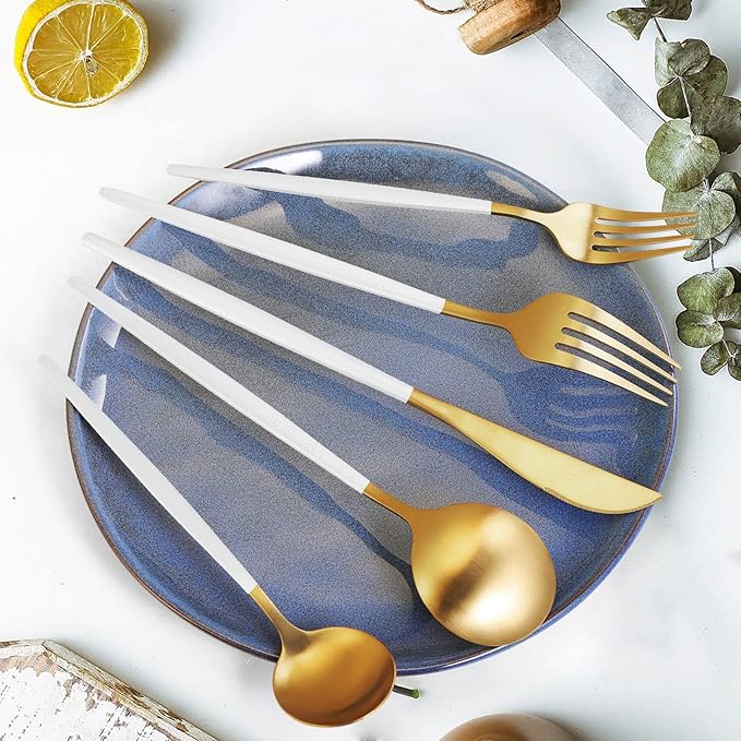 Gold Silverware Set for 8, MIKIWAY Matte Gold With White Handle Flatware Set, 40 Pieces Stainless Steel Cutlery Tableware Set, Kitchen Utensils Set Include Spoons And Forks Set, Dishwasher Safe