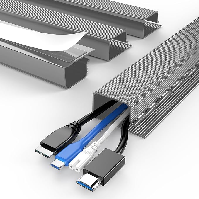 Delamu 62.8in Under Desk Cable Management, Safe & Tidy Cable Management Under Desks for Home & Office, 4 Pack Cord Organizer for Desk, Wire Organizer Kit, Grey