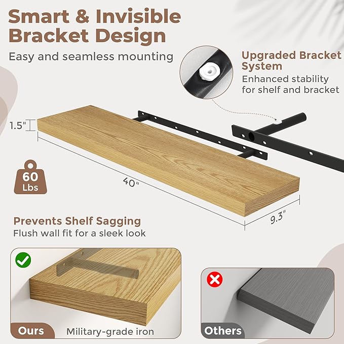 Floating Shelves for Wall with Invisible Brackets, Wall Mounted Engineered Wood Shelves with Wood Grain for Living Room, Bedroom, Bathroom, Kitchen Decor and Storage, Oak, 40"L Set of 2, Oak