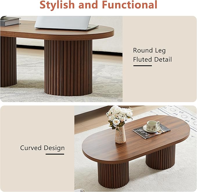 AVZEAR Oval Fluted Coffee Table for Living Room, Mid Century Modern Coffee Table with Fluted Legs, Curved Round Wooden Center Table for Home, Office, Cafe, Vintage Walnut (39.38" x 19.69" x 13.78")