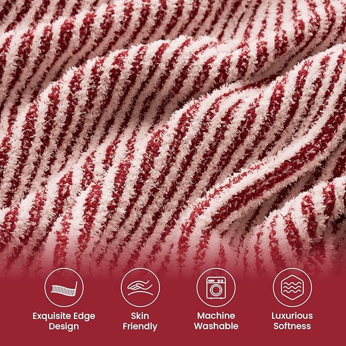 Snuggle Sac Christmas Soft Throw Blanket for Couch, Fuzzy Microfiber Knit Stripe Blankets for Couch, Sofa, Travel, Red Cream, 50x60 inches