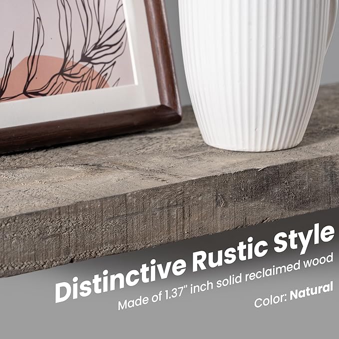 Floating Shelves, 8 Inch Deep Rustic Solid Reclaimed Wood Wall Shelves for Storage, Wall Mounted Display Shelving with Invisible Heavy-Duty Metal Bracket, 24 Inch Width Set of 2, Cement Grey