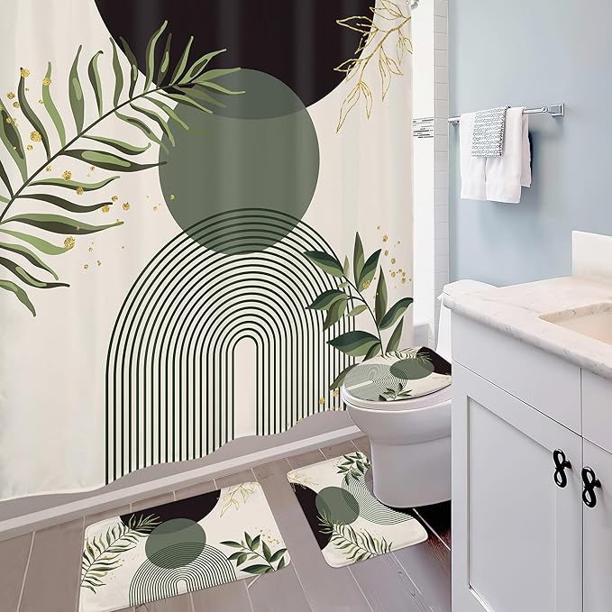 4 PCS Dark Green Boho 72Wx72H Shower Curtain Set Modern Mid Century Leaves Plant Bath Rug Toilet Lid Cover Nonslip U Shape Mat Quick Dry Accessories Bathroom Decor with 12 Hooks